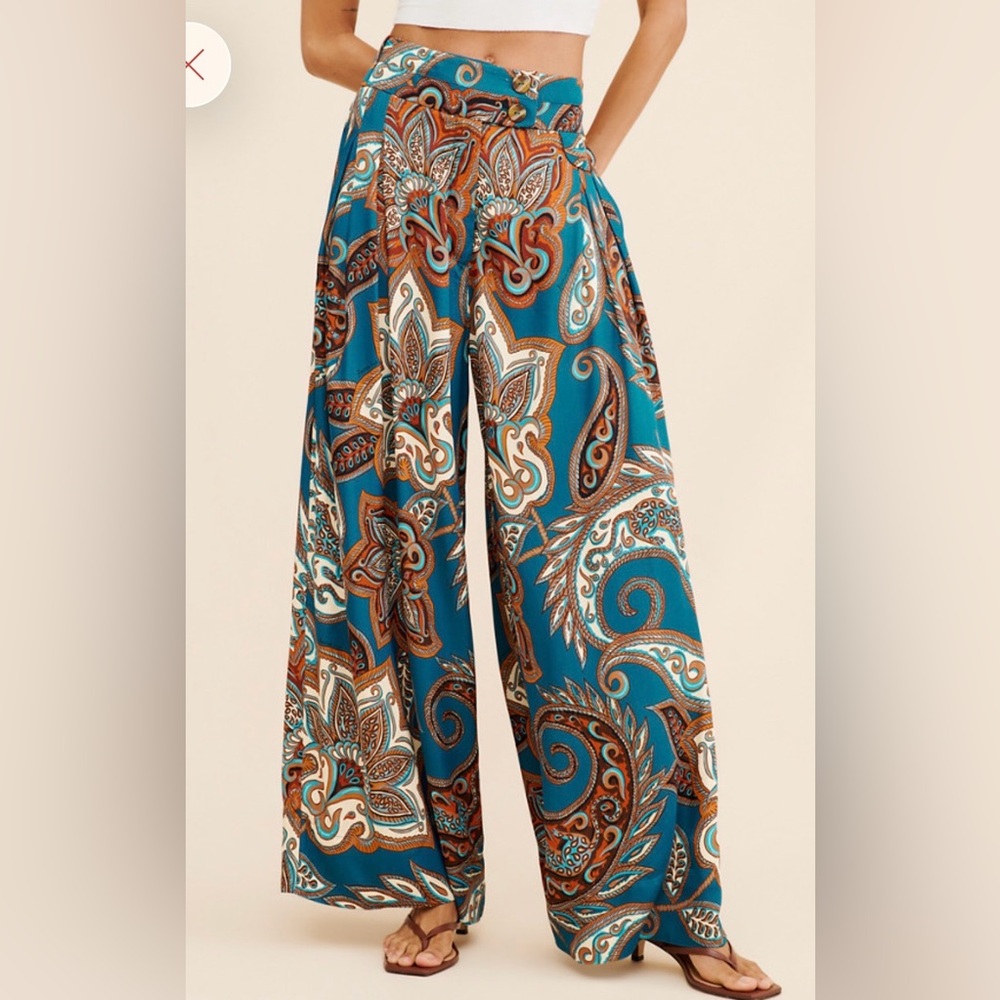 FARM Rio Teal & Brown Paisley Wide-Leg Palazzo Pants